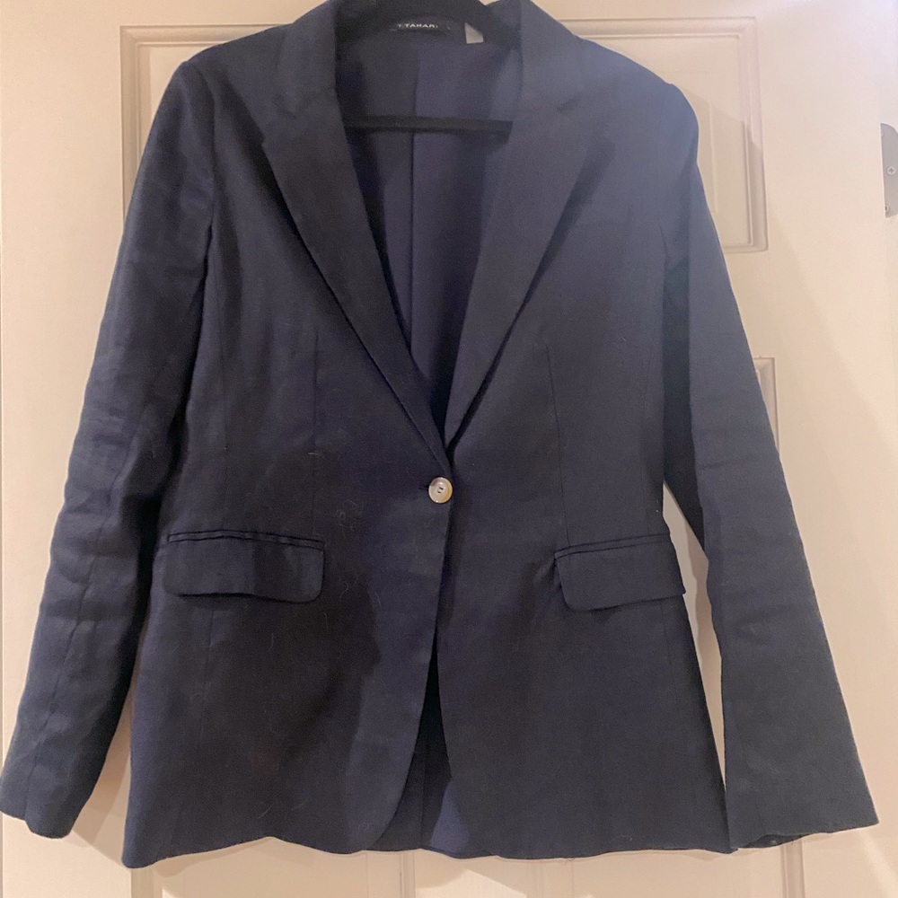 Tahari Navy Blue Linen Blazer